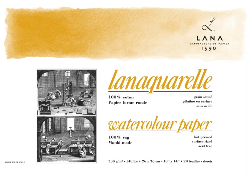 Lanaquarelle, 300 g/m² – 100% coton, Paquet de 5 F 300g, grain torchon - 4 bords frangés, 56 x 76 cm – LANA