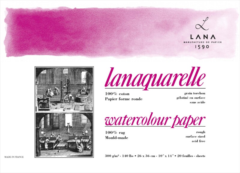 Lanaquarelle, 300 g/m² – 100% coton, Paquet de 5 F 300g, grain torchon - 4 bords frangés, 56 x 76 cm – LANA