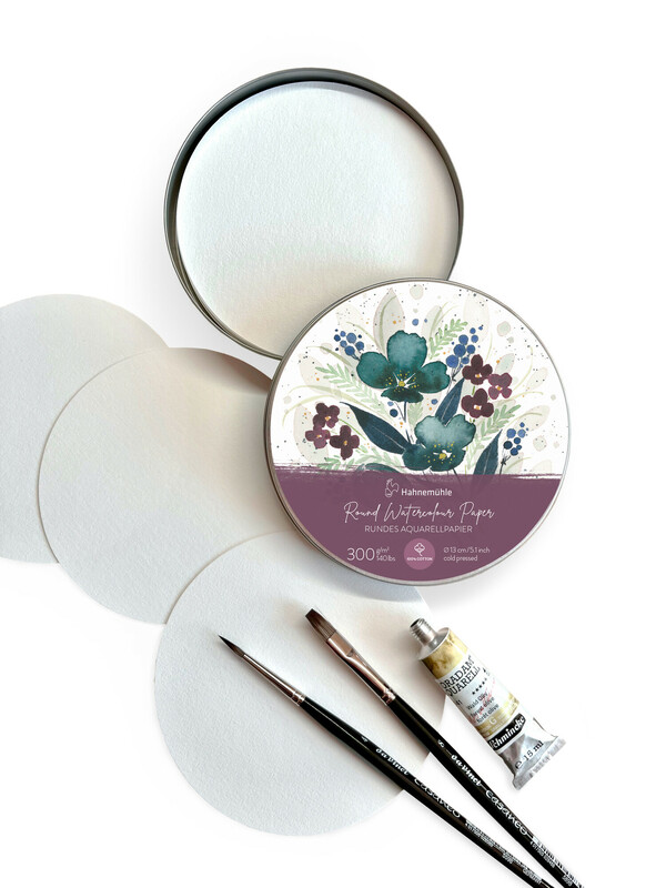 Round Watercolour paper, Boîte métal, Expression 300 g/m²,100 %Coton, grain fin, Ø 13 cm, 30 F – Hahnemühle